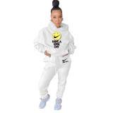 Casual Solid White Offset Printing Sweatsuit Hoodie Set