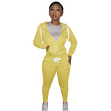 Autumn Winter Yellow Cotton Two Piece Sweatpants and Hoodie Set for Women
