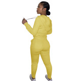 Autumn Winter Yellow Cotton Two Piece Sweatpants and Hoodie Set for Women