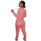 Autumn Winter Pink Cotton Two Piece Sweatpants and Hoodie Set for Women