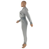 Autumn Winter Grey Cotton Two Piece Sweatpants and Hoodie Set for Women