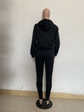 Casual Solid Black Offset Printing Sweatsuit Hoodie Set