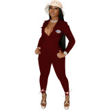 Casual Wine Red Zipper Pocket Embroidered Notched Collar Women Jumpsuit