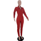 Casual Red Zipper Pocket Embroidered Notched Collar Women Jumpsuit