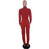 Casual Red Zipper Pocket Embroidered Notched Collar Women Jumpsuit