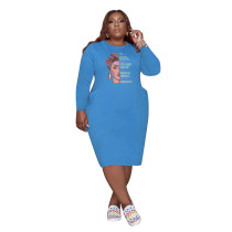 Blue Fall Clothes Dresses Printed Loose Plus Size Womens Mid Dresses
