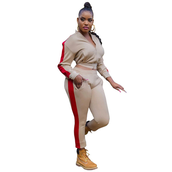 Casual Ivory Zipper High Neck Joggers Two Piece Pants Sets Women 2021 For Fall and Winter