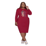 Wine Red Fall Clothes Dresses Printed Loose Plus Size Womens Mid Dresses