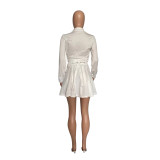 Solid Color White Fall Dress Two Piece Pleated Skirt Set