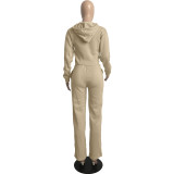 Casual Solid Khaki Drawstring Long Sleeve Sweatpants Hoodie Set For Women