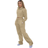 Casual Solid Khaki Drawstring Long Sleeve Sweatpants Hoodie Set For Women