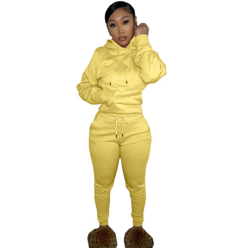 Solid Yellow Fleece Hooded Sweatshirt Pant Set