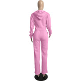 Casual Solid Pink Drawstring Long Sleeve Sweatpants Hoodie Set For Women