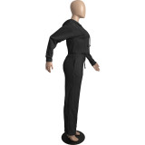 Casual Solid Black Drawstring Long Sleeve Sweatpants Hoodie Set For Women