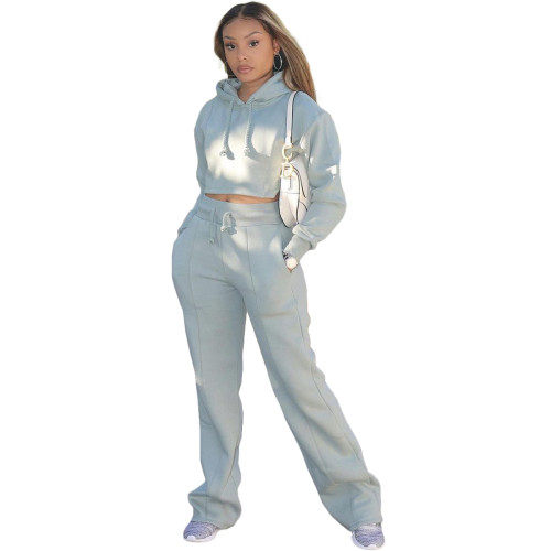 Casual Solid Grey Drawstring Long Sleeve Sweatpants Hoodie Set For Women