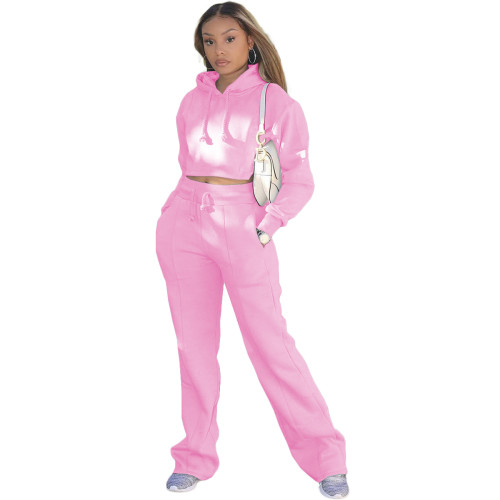 Casual Solid Pink Drawstring Long Sleeve Sweatpants Hoodie Set For Women