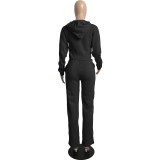 Casual Solid Black Drawstring Long Sleeve Sweatpants Hoodie Set For Women