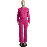 Casual Solid Rose Drawstring Long Sleeve Sweatpants Hoodie Set For Women