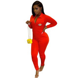 Casual Red Zipper Lapel Embroidered Letter Jumpsuit with Pocket