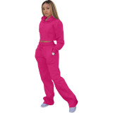 Casual Solid Rose Drawstring Long Sleeve Sweatpants Hoodie Set For Women