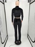 Casual Black Velvet Embroidered Letters Sports Blouse and Flared Pants