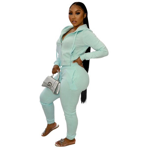 Solid Color 2 Pieces Jogger Pants Zippered Hoodie Set