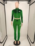 Casual Green Velvet Embroidered Letters Sports Blouse and Flared Pants