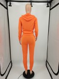 Solid Color Orange 2 Pieces Jogger Pants Zippered Hoodie Set
