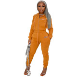 Solid Color Printed 2 Pieces Jogger Pants Zippered Tracksuit Hoodie Set