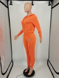Solid Color Orange Printed 2 Pieces Jogger Pants Zippered Tracksuit Hoodie Set