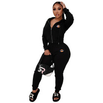 Solid Color Black Printed 2 Pieces Jogger Pants Zippered Tracksuit Hoodie Set