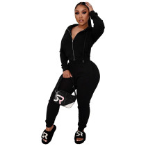 Solid Color Black 2 Pieces Jogger Pants Zippered Hoodie Set