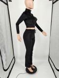 Casual Black Velvet Embroidered Letters Sports Blouse and Flared Pants