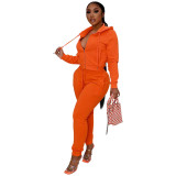 Solid Color Orange 2 Pieces Jogger Pants Zippered Hoodie Set