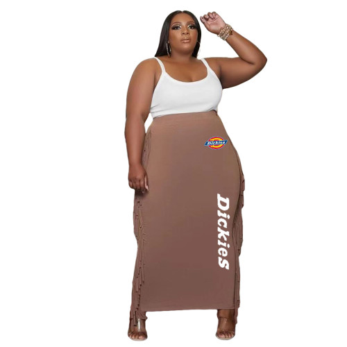 Champagne Double-sided Brushed Plus Size Printed Long Skirt with Fringed