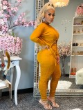 Ladies Turmeric Stacked Two Piece Set Drawstring Crop Top and Pleated Trousers