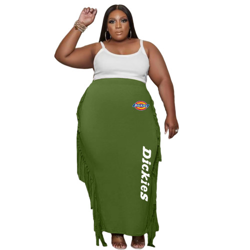 Green Double-sided Brushed Plus Size Printed Long Skirt with Fringed
