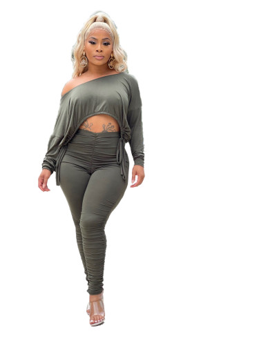 Ladies Olive Green Stacked Two Piece Set Drawstring Crop Top and Pleated Trousers