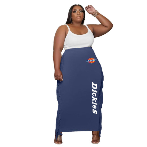 Blue Double-sided Brushed Plus Size Printed Long Skirt with Fringed