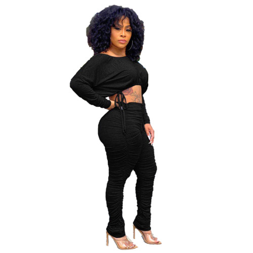 Ladies Black Stacked Two Piece Set Drawstring Crop Top and Pleated Trousers