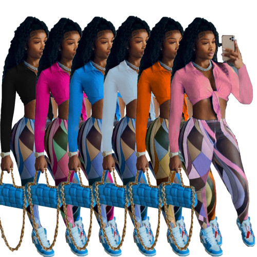 Fall 2021 Blue Clothing Vendors Bandage Shirt Printed Crop Top 2 Piece Set