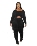 Ladies Black Stacked Two Piece Set Drawstring Crop Top and Pleated Trousers