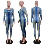 Blue Back Hidden Zipper Positioning Print Sexy Bodycon Dots Jumpsuit