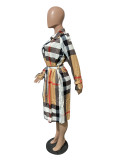 Autumn Woven Belted Printed Turn-down Neck Plaid Long Cloak