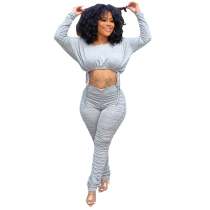 Ladies Grey Stacked Two Piece Set Drawstring Crop Top and Pleated Trousers