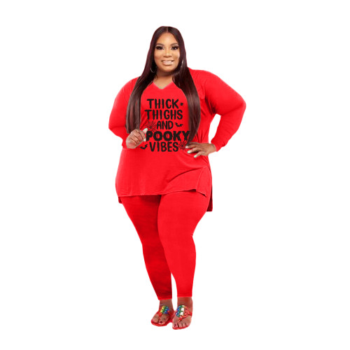 Plus Size Women Clothing Red Halloween V Neck Split Print Letter Casual Two Piece Set