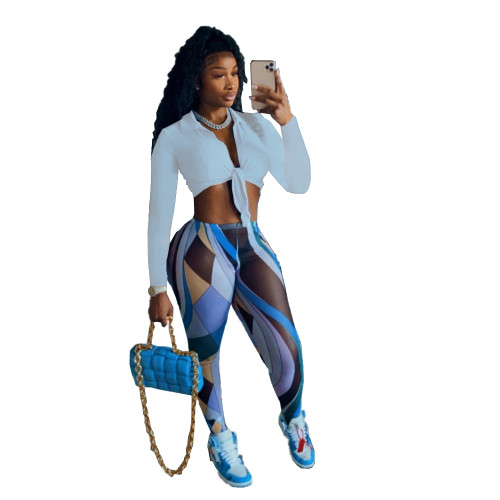 Fall 2021 Blue Clothing Vendors Bandage Shirt Printed Crop Top 2 Piece Set