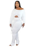 Ladies White Stacked Two Piece Set Drawstring Crop Top and Pleated Trousers
