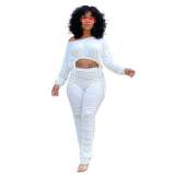 Ladies White Stacked Two Piece Set Drawstring Crop Top and Pleated Trousers