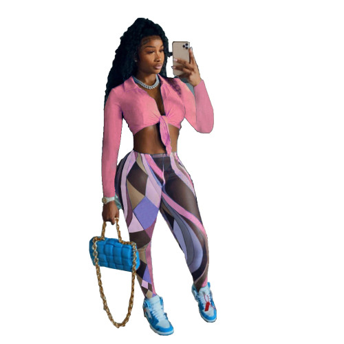 Fall 2021 Blue Clothing Vendors Bandage Shirt Printed Crop Top 2 Piece Set